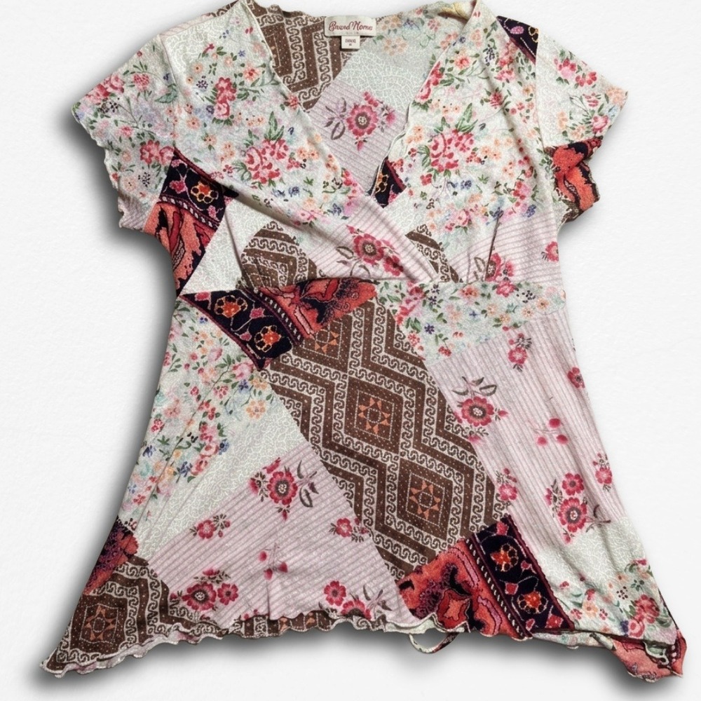Planet Motherhood Maternity Top Large Pink Floral Patchwork Y2K V-Neck